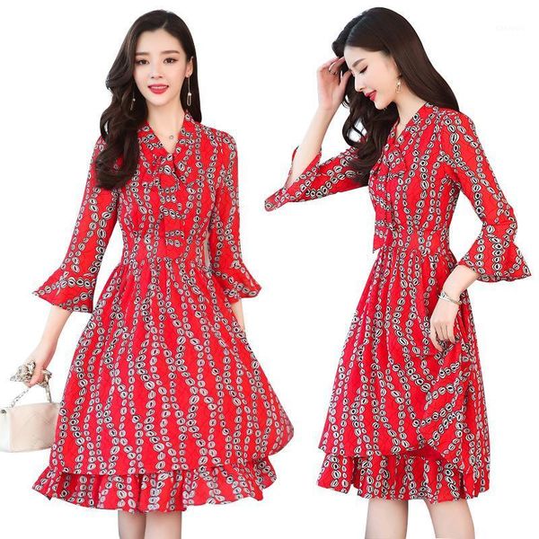 

3xl summer chiffon dress women 2020 spring new women dresses fashion v-neck bow bodycon print dress plus size vestidos1, Black;gray