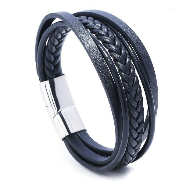 

new multilayer black gold punk style design genuine leather bracelet for men steel magnetic button birthday gift male bracelets1, Golden;silver
