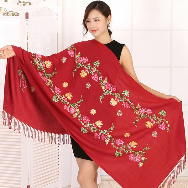 

korean scarf women's autumn and winter thickened long national embroidered shawl tassel tourism cloak, Blue;gray