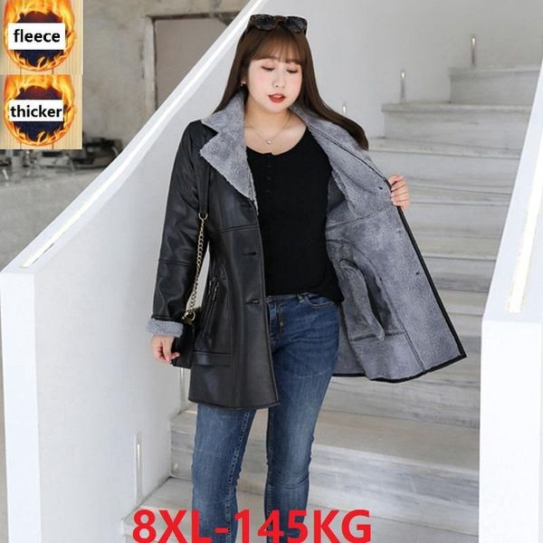 

women's fur & faux winter women leather jacket fleece warm thick motorcycle jackets large size 8xl female big cool, Black