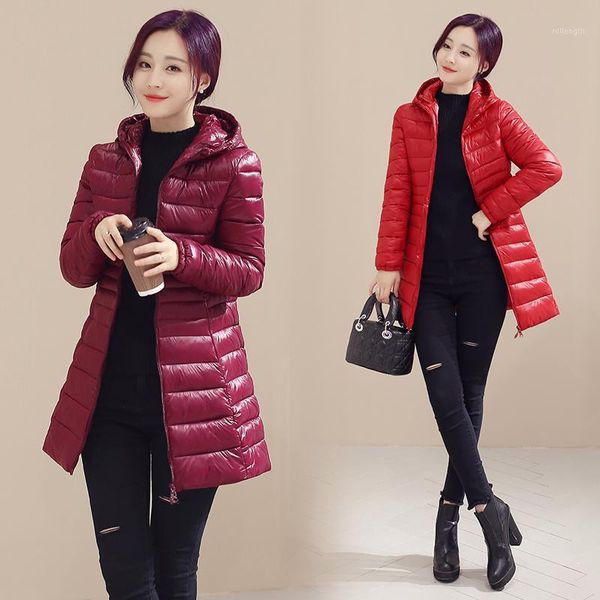 

2020 women winter hooded warm coat plus size solid color down cotton padded jacket female midi long parkas wadded c1011, Black