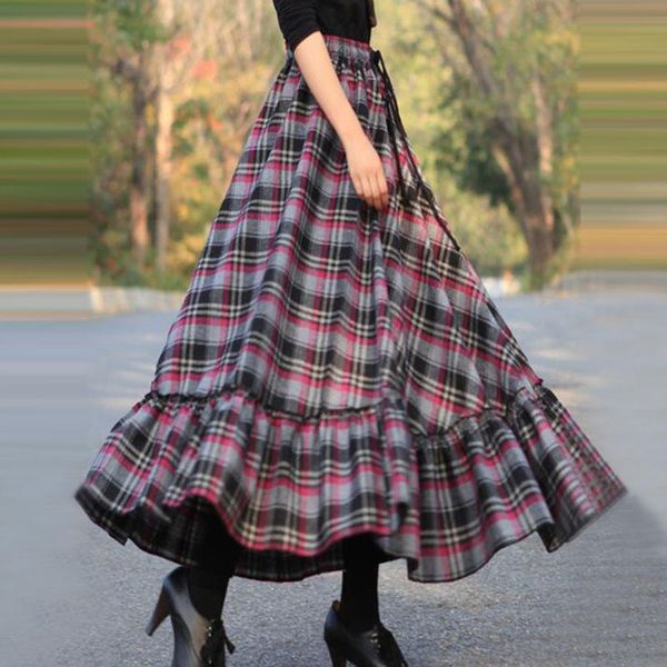 

women autumn loose plaid printed high waist a-line big swing fashion long skirt ladies elegant fashion dress, Black