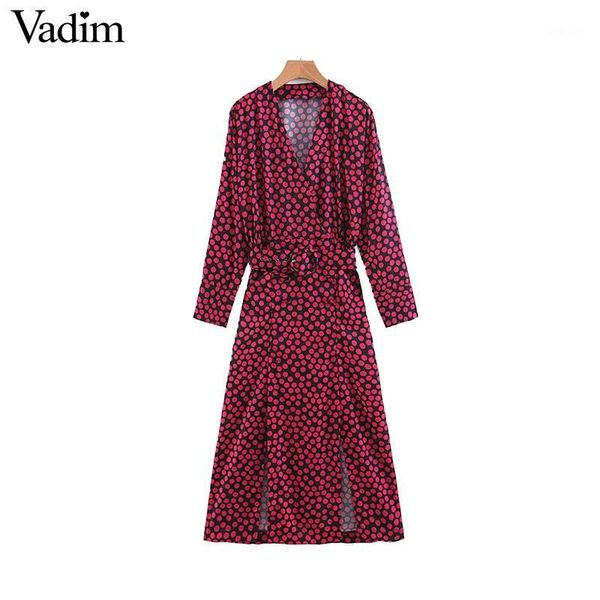 

vadim women vintage v neck dot print maxi dress bow tie sashes button decrorate long sleeve split dresses vestidos qb8031, Black;gray