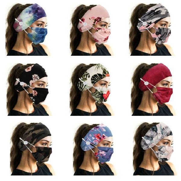 Lady Lady Menina Impressão Floral Camuflagem Forma Botão Anti-Stroke Headband Soft com Máscara Face Set Yoga Esportes Elastic Hair Band