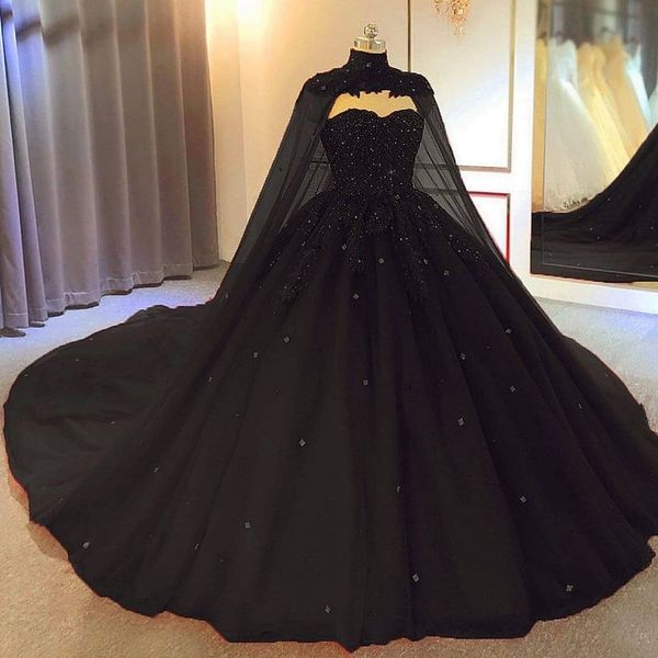 Klassische Schatz Applikation verstreute Kristalle Kathedrale Zug schwarzer gotischer Batman Quinceanera Ballkleid mit abnehmbarem Cape CL230Z