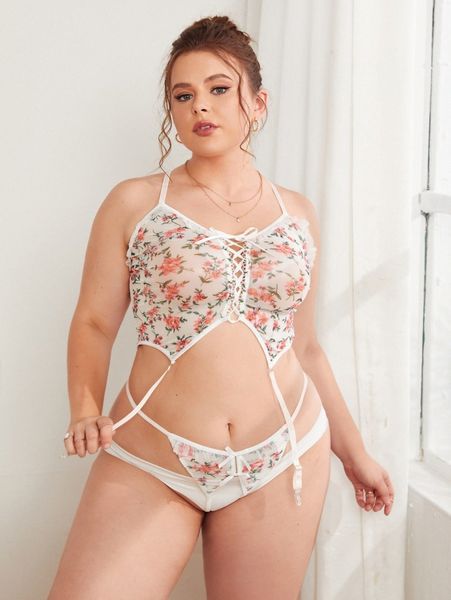 

plus floral mesh garter crotchless lingerie set d6qc#, Black;white