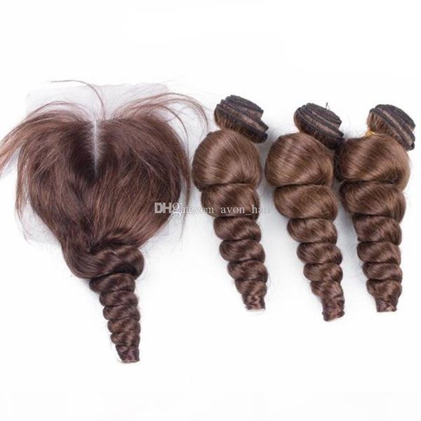 

loose wave medium brown #4 hair 3bundles with lace closure brazilian human hair weaves and lace closure loose curly extensions 4pcs lot, Black;brown