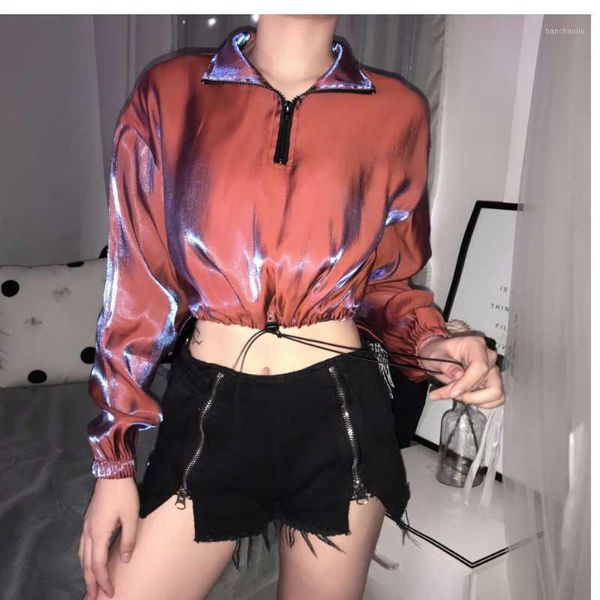 

women's new bright face pullover running sweatshirt fashion high neck half zipper fitness suit elastic rope yoga at hem1, White;red