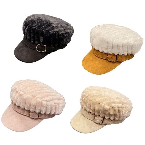 

women vintage beret hat winter warm fuzzy plush elegant solid color newsboy visor artist painter round flat peaked cap, Blue;gray