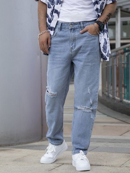 

men ripped slant pocket light wash jeans p7d5#, Blue