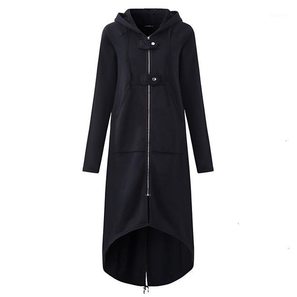 

2019 autumn female hooded sweatshirt zipper up slit back long sleeve loose solid asymmetrical women fleece hoodies coats1, Black