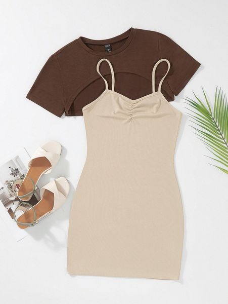 

ribbed knit ruched cami dress & high low hem tee x8a6#, White