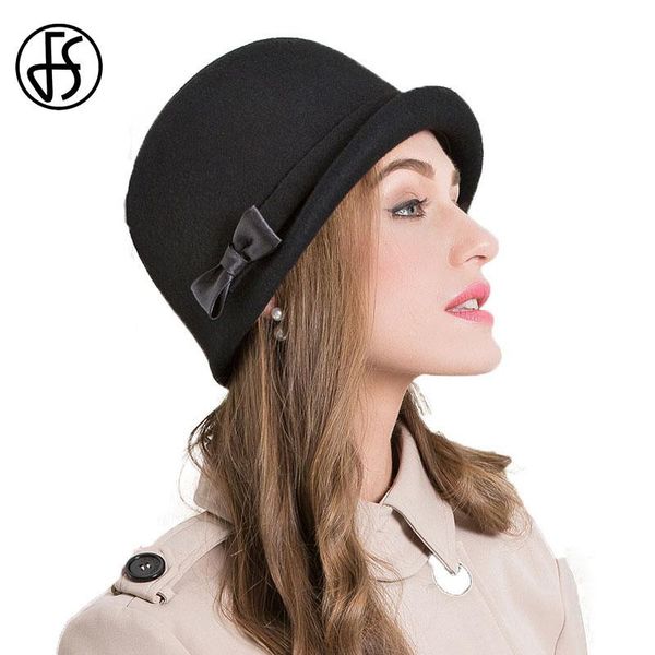 

stingy brim hats fs elegant 100% wool felt women fedoras black caps pink bow curl birm ladies bowler cloche hat winter floppy cap, Blue;gray