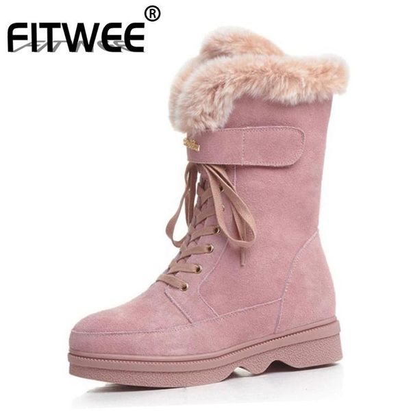 

fitwee женщины из натуральной кожи снега сапоги узелок плюшевые меха зимняя обувь для женщин платформы теплый клин полусапожки размер 34-40, Black