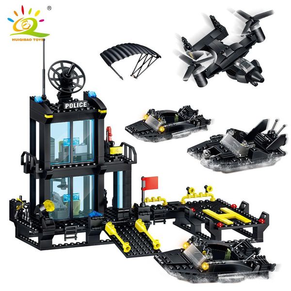 

huiqibao 631pcs city marine police station building blocks boat plane policeman figures bricks set educational toys for children sqcijf