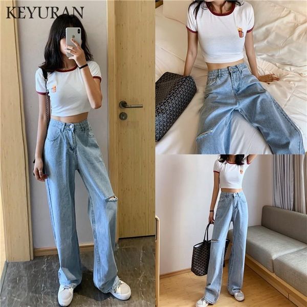 

2020 new arrival high waist women's fashion loose hole denim mopping pants casual vintage wide leg jeans trousers plus size 4xl, Blue