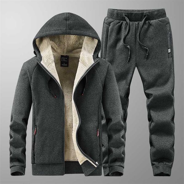 

inner fur mens tracksuits winter men's set warm hoodies suit casual fleece lined sweatshirts 2 piece sportswear 211222, Gray
