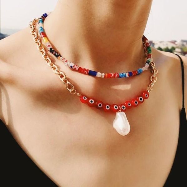 

jjfoucs bohemian multi layer colorful bead eyes choker necklace collar statement imitation pearl pendant necklace women jewelry, Silver