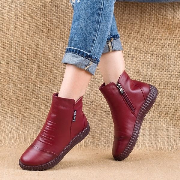 

new autumn fashion women genuine leather boots handmade vintage flat ankle botines shoes woman winter botas y200115, Black