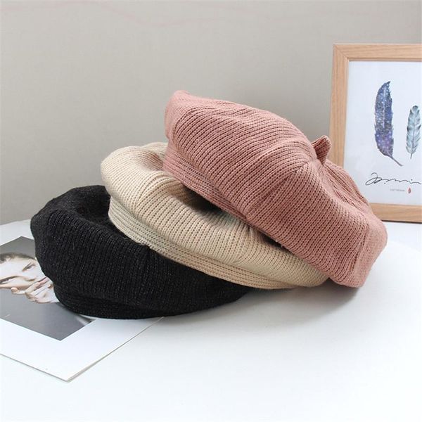 

new women knitted beret hat autumn winter korea style fashion retro ladies solid color knit beret warm hats, Blue;gray
