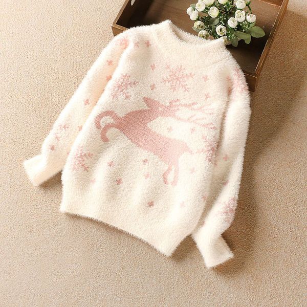 

fawn jacquard mink 2020 cashmere girls winter new wear children's thickened sweater 120-150 j5pn, Blue