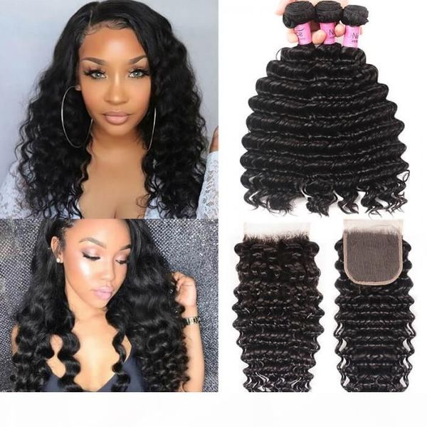 

tkwig series 3 pcs deep wave bundles virgin human hair with 1 pc 4x4 inch lace closure, Black;brown