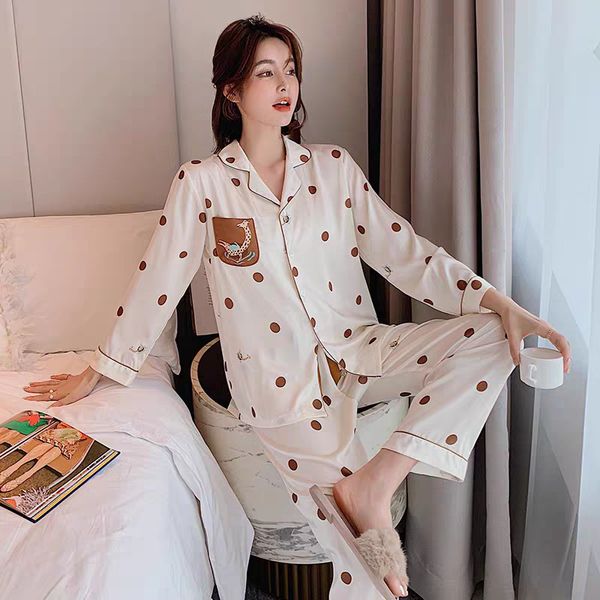 

2021 new autumn spring silk pajamas style female sleepwear down collar single breasted dot ladeis nightwear herf, Black;red
