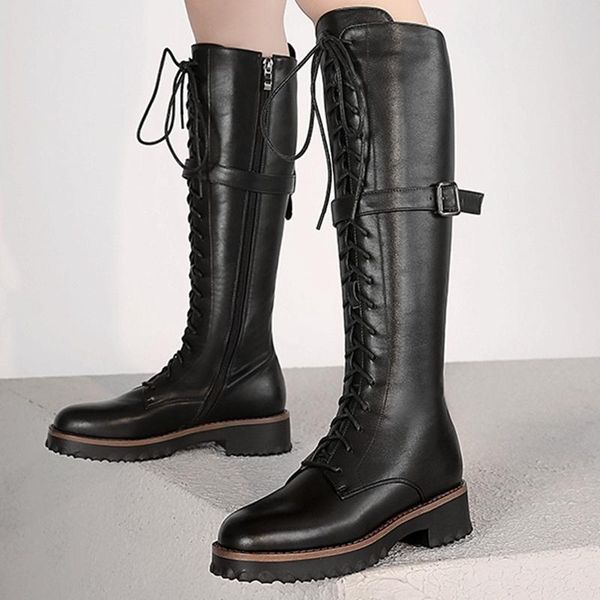 

2020 new winter riding boots women's thigh high boots handsome cow leather buckle knight lace up keep warm zapatos mujer, Black