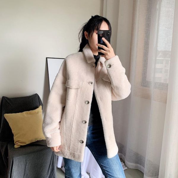 

winter 2020 new australian imported sheep shearing fur one piece jacket loose and thin, locomotive style women's coat trend1, Black