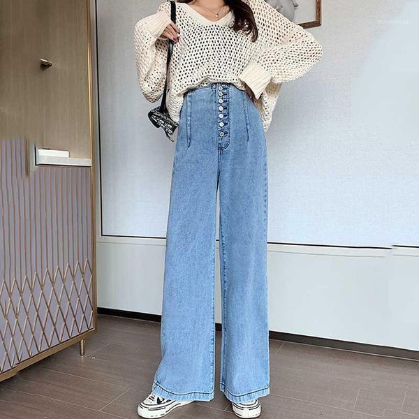 

vintage washed jeans women loose high waist single breasted jeans casual trousers cotton fashion denim wide leg pants female1, Blue