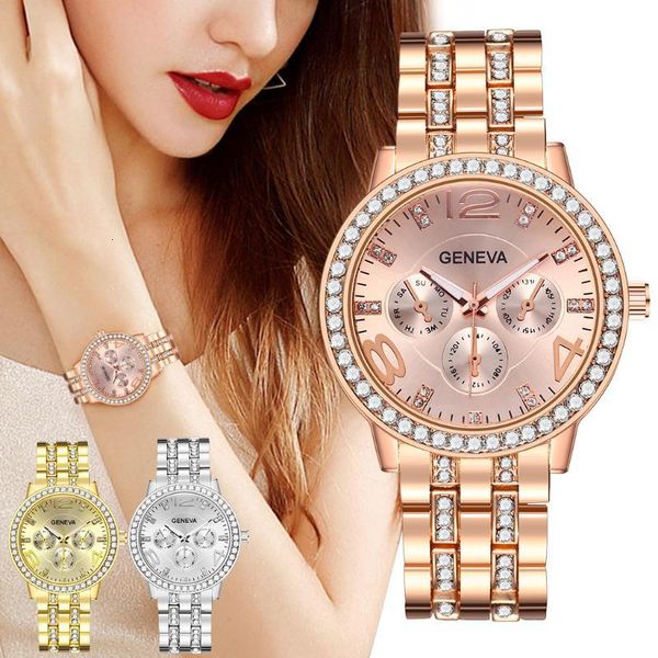 

women fashion bling geneva wrist watches female quartz rose gold watch crystal diamond ladies clock, Slivery;brown