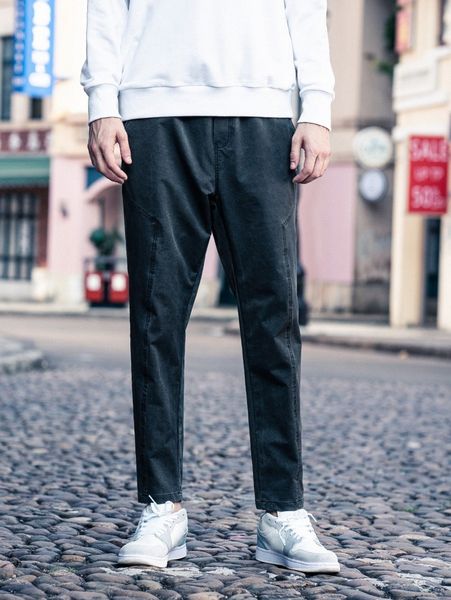 

men embroidery letter slant pocket pants c703#, Black