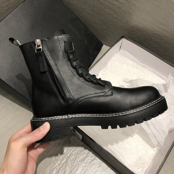 

boots 2021 platform winter women shoes rubber black genuine leather lace up combat ankle boot botas mujer