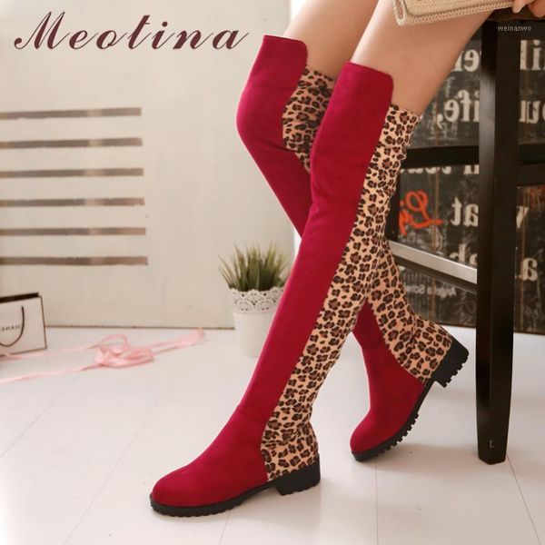 

meotina winter over the knee boots women leopard flat thigh high boots slim stretch round toe tall shoes lady autumn size 33-431, Black