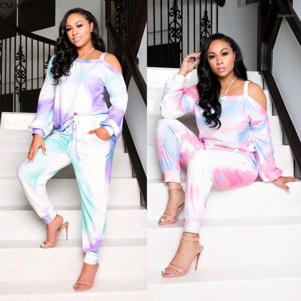 

cm.yaya active wear tie dye print women's set spaghetti strap long sleeve jogger pants suit tracksuit two piece set fitness1, Gray