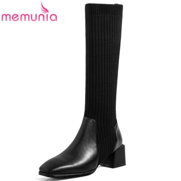 

boots memunia 2021 knitting stretch women genuine leather thick heel casual shoes square toe knee high, Black