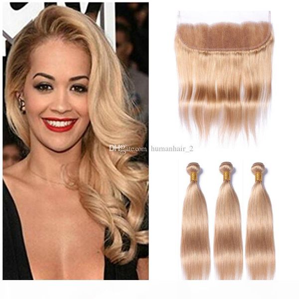 

honey blonde #27 color straight hair bundles with lace frontals 4pcs lot strawberry blonde straight lace frontal with bundles, Black;brown