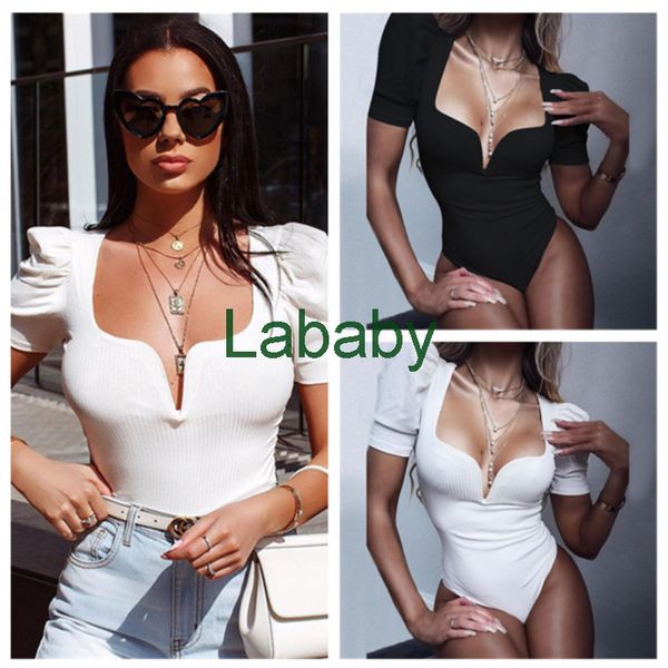 

women jumpsuit designer 2021 new button u-shaped v-neck one piece pants ladies spring and summer new pleated bubble sleeve rompers, Black;white