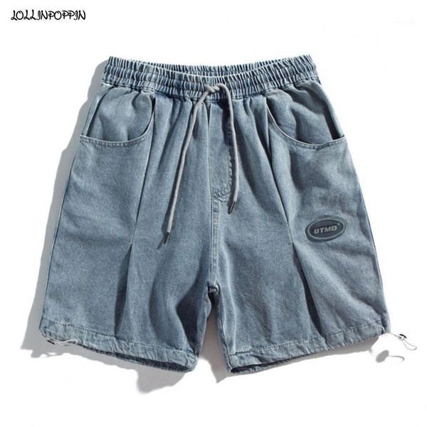 

front pleated men knee length denim shorts straight fit garment washed retro light blue casual jean shorts bottom draw cords1