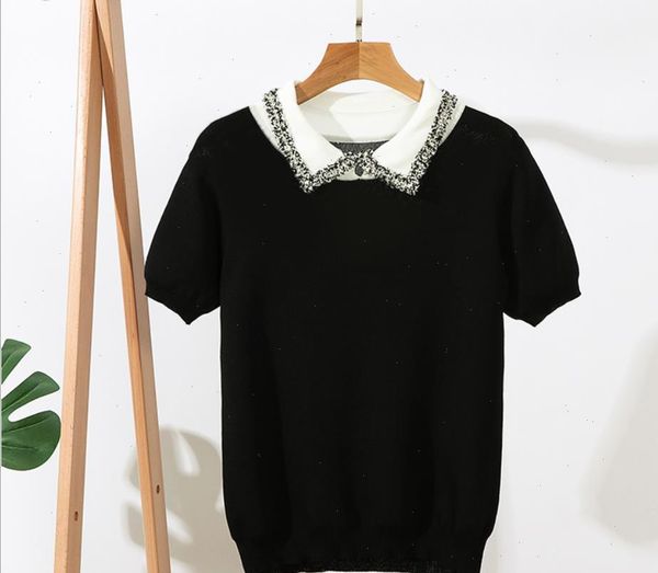 

women girl summer short sleeve pullovers turn down collar knitted sweater cute sweet knitwear outwear jumper, White;black