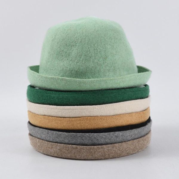 

stingy brim hats &dolphin fashion women fisherman hat small curled woolen bowl bucket wool jazz girls warm fedoras french basin cap, Blue;gray