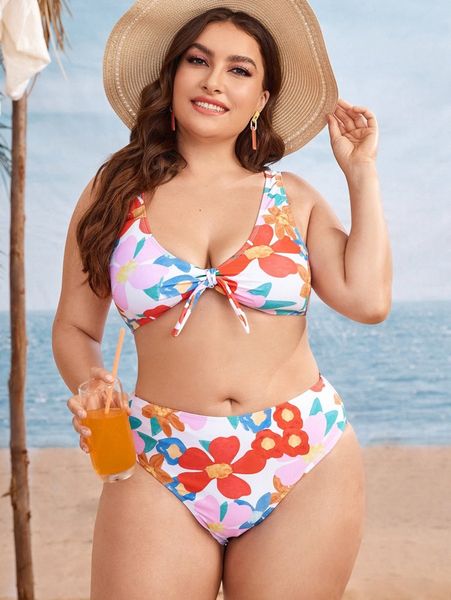 

plus floral knot front bikini swimsuit 82wp#, Black
