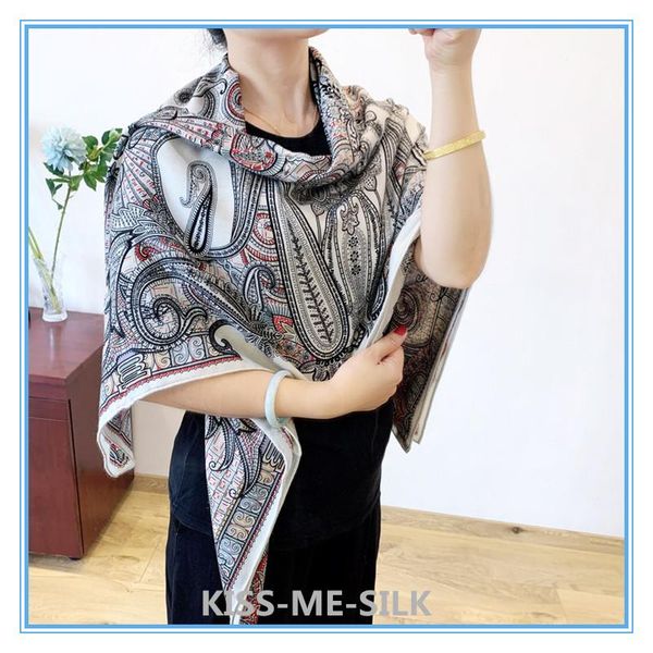 

scarves kms [classic paisley] cashew flower~black and red silk cashmere square scarf fall winter warm shawl 135*135cm/165g, Blue;gray