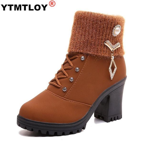 

winter warm new women winter snow boots high-heeled women's fur ladies ankle square heel faux fur platform boots, Black