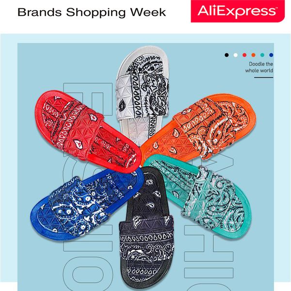 

women slippers woman slides bandana slides for woman graffiti slippers women cashew flowers fashion ins popular dropshipping x1020, Black