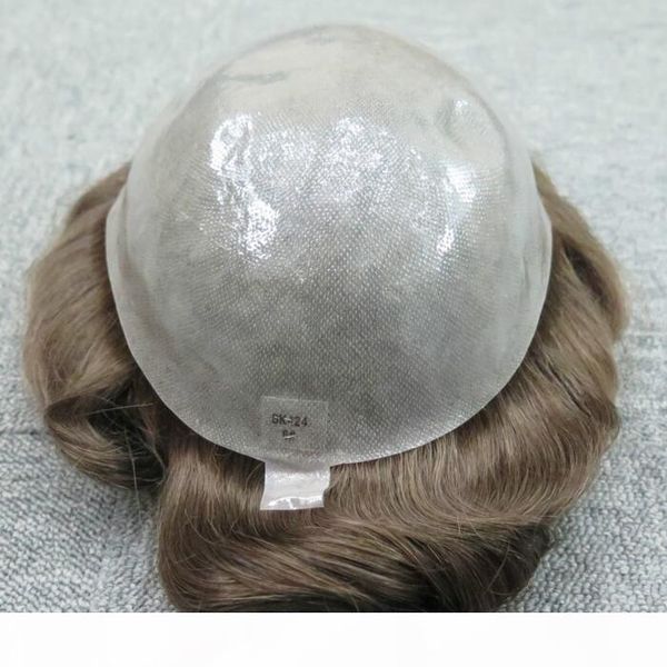 

полный тонкая кожа мужчины toupee волнистые коричневый цвет 6 # 32мм волна индийских человеческих волос полный pu замена для мужчин бесплатн, Black