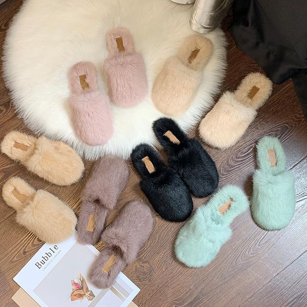 

slippers casual shoes slipers women slides loafers cover toe fur flip flops luxury 2020 flat soft plush rome basic pu rubber, Black