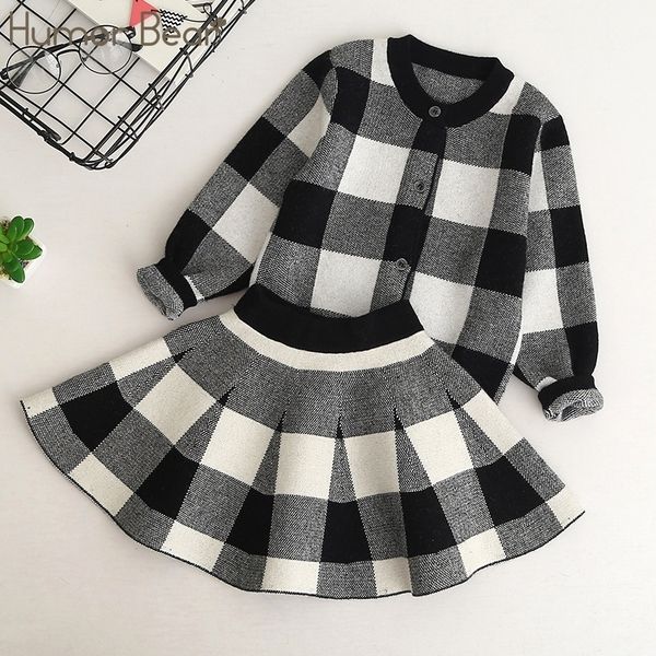 

humor bear autumn new girls clothing sets casual long sleeve plaid jackets+skits 2pcs suits for kids set y200325, White