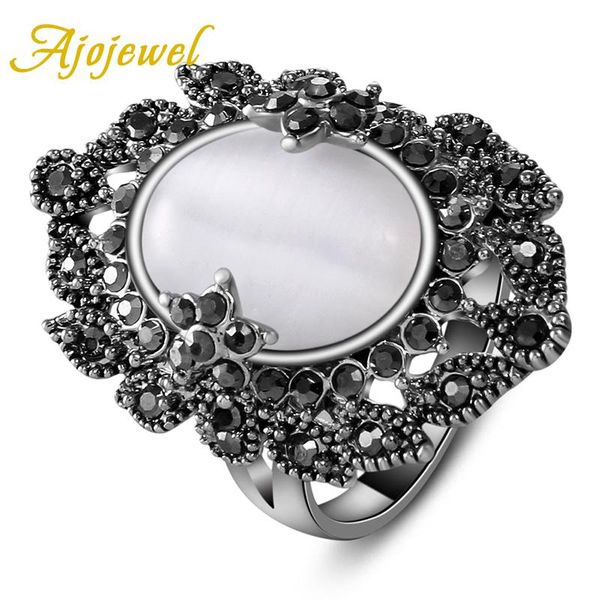 

ajojewel size 7-9 fashion ladies jewelry elegant women's retro black cz white opal ring, Golden;silver
