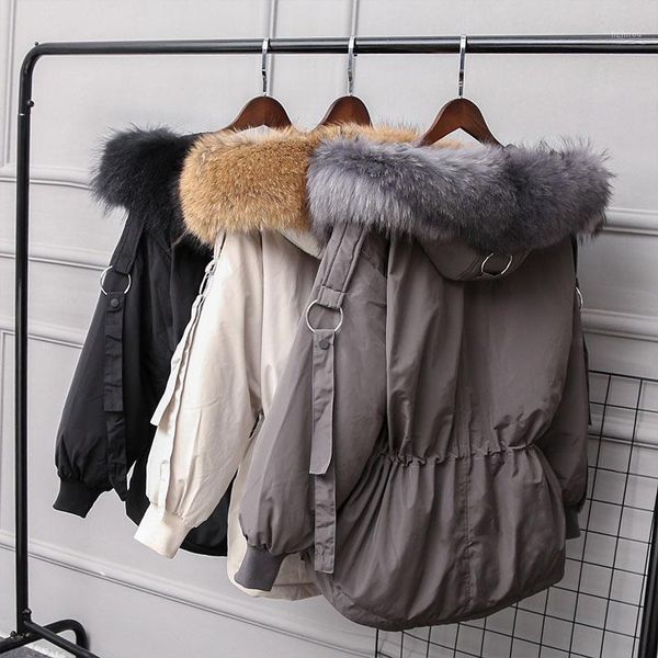 

jacket women new winter large real raccoon fur parkas women down jackets warm outwear coats female hooded white duck down jacket1, Black